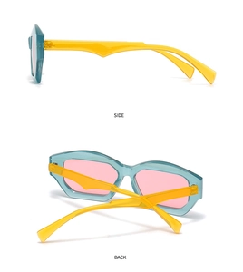 Detailed side and back view of two-tone geometric cat eye sunglasses with blue and yellow frames