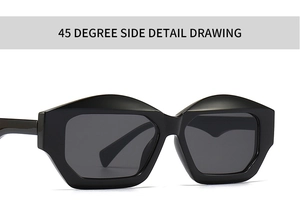 Detailed 45-degree side view of geometric black cat-eye sunglasses with thick frames