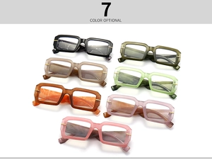 Collection of thick rectangular eyewear in 7 colors with gold metal temple accents