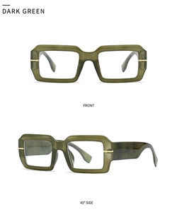 Macro detail of dark green square chunky glasses frame with gold metal accents