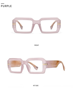 Detailed front and 45-degree side view of purple square frame glasses with marble texture