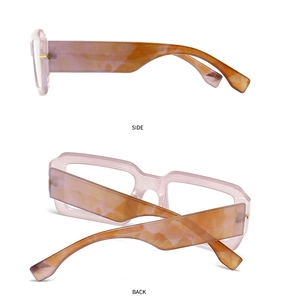 Side and back view of retro rectangular pink eyeglasses with thick tortoise temples