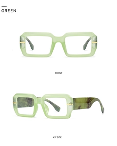 Green square frame anti-blue light glasses with marble pattern temples and gold hinge detail