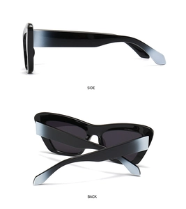 Dettagli di occhiali da sole cat-eye con stanghette sfumate blu e montatura nera lucida