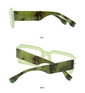 Side and back view of retro square frame glasses with translucent green marble pattern