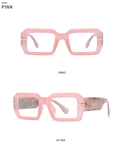 Detail view of pink square frames featuring marbled temples and golden metal hinges