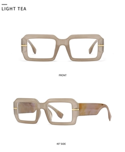 Detail of light tea square frame glasses with golden hinges in front and 45-degree side view