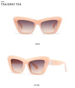 Occhiali da sole cat eye rosa pesca con lenti sfumate tè in vista frontale e laterale
