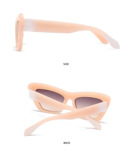 Dettagli laterali e posteriori di occhiali da sole cat-eye in rosa pesca sfumato e bianco opaco