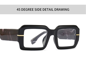 Close-up of thick black square frame with marble temples and gold decorative pins
