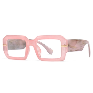 Modern square frame blue light glasses with pink marble temples and gold hardware