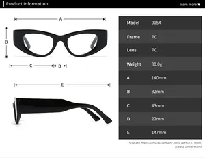 Detailed size chart for cat eye glasses model 9154 showing frame measurements