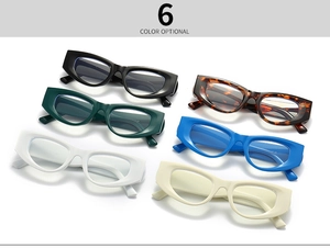 Detailed grid of six narrow cat-eye glasses frames in multiple vibrant color options
