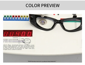Cat eye glasses UV400 test showing protective lens function on professional detector