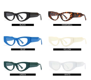 Collage of cat-eye eyewear in six colors including black, tortoiseshell, and blue finishes