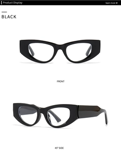 Front and side 45-degree angle views of thick black cat-eye anti-blue light glasses frames