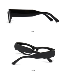 Side and back view of modern black cat-eye glasses with thick frame and wide temples