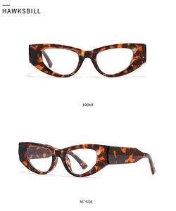 Front and 45-degree side view of tortoiseshell cat-eye glasses with transparent lenses