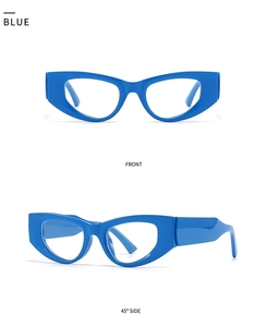 Front and side view of modern blue cat eye glasses frame with anti-blue light lenses
