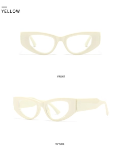 Front and 45-degree side view of modern cat-eye glasses frames in yellow finish