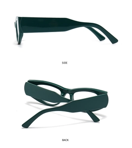 Detail view of dark green cat-eye frames showing side and back angles with sleek design