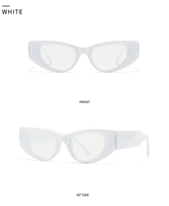 Modern white cat-eye eyewear showing detailed front and 45-degree side view perspectives