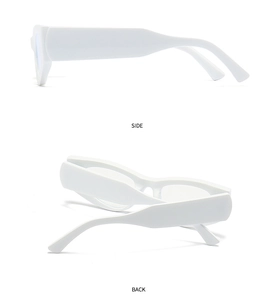 Side and back view of white cat-eye glasses frame with wide rectangular temples