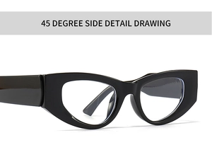 Detailed 45-degree side view of black cat-eye glasses frames with wide temples