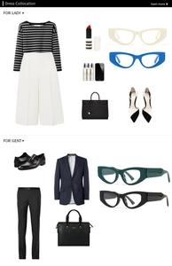 Styling guide with cat-eye glasses paired with striped shirts and professional suits