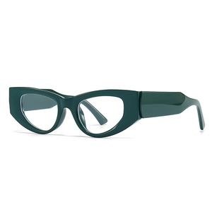Modern thick-frame dark green cat-eye glasses with glossy finish and clear lenses