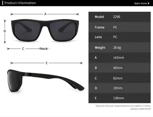 Detailed size chart for square polarized men's sunglasses showing dimensions and PC material