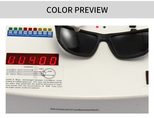 Polarized square sunglasses showing UV400 protection test on professional detection device