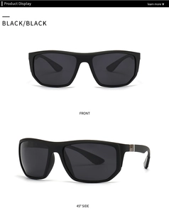 Front and side view of matte black polarized square sunglasses with silver metal accents