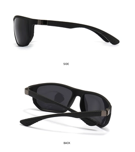 Detail view of polarized sunglasses showing carbon fiber textured temples and hinge structure
