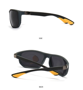 Detail view of carbon fiber temples and yellow anti-slip tips on polarized sunglasses