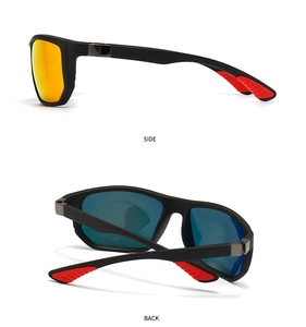 Side and back view of polarized sports sunglasses with red non-slip temples and coated lenses