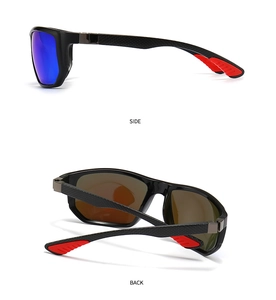 Detail view of carbon fiber texture on black square polarized sunglasses with red pads