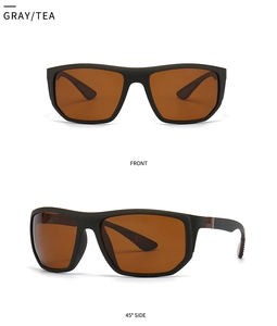 Men's square polarized sunglasses with matte gray frames and tea lenses in dual perspectives