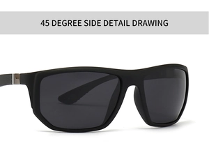Detail of matte black polarized sunglasses with silver metal hinges and grey lenses