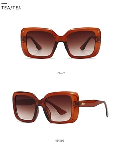 Vorder- und Seitenansicht der quadratischen Retro-Sonnenbrille in Teefarbe mit Nieten