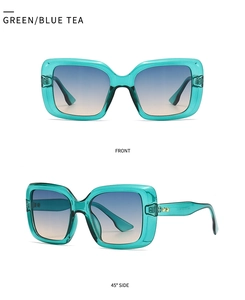 Vorder- und Seitenansicht der quadratischen blaugrünen Sonnenbrille mit Verlaufsgläsern