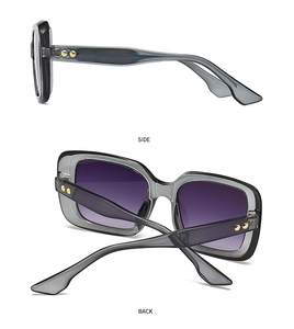 Detailansicht der quadratischen Sonnenbrille mit lila Verlaufsgläsern und Nieten