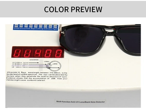 Detailansicht des UV400-Schutztests für moderne quadratische Retro-Sonnenbrillen