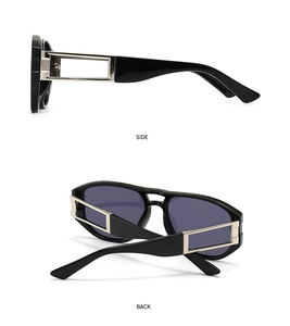 Detailansicht der quadratischen Sonnenbrille mit Seiten- und Rückansicht und Metalldesign