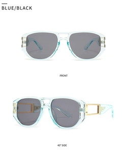 Detail der quadratischen Pilotenbrille mit hellblauem Harzrahmen und goldenen Scharnieren