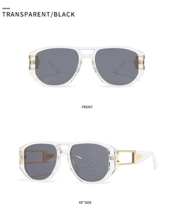 Detailansicht der transparenten Sonnenbrille mit goldenen Metallakzenten und grauen Gläsern