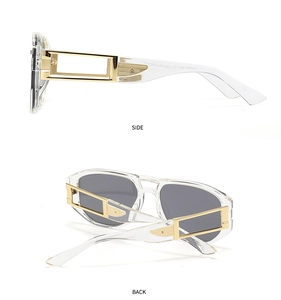 Detailansicht des transparenten Rahmens und der goldenen hohlen Metallbügel der Sonnenbrille