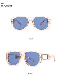 Moderne quadratische Sonnenbrille mit Doppelsteg und blauen Gläsern in der Nahaufnahme