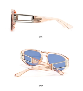 Detailansicht von orangefarbenem Rahmen, blauen Gläsern und Scharnieren der Retro-Sonnenbrille