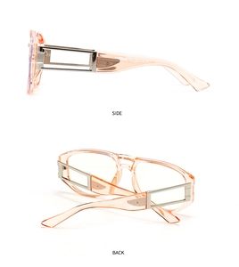 Detailansicht der rosa Sonnenbrille mit silbernem Metallbügel und CE-Zertifizierung